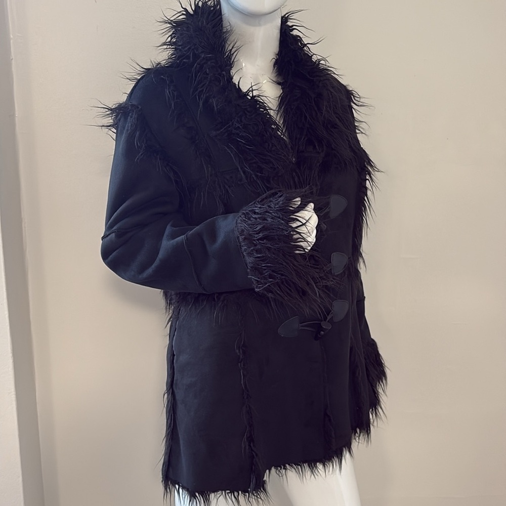 Dolls Kill Current Mood Black Vegan Suede Faux Fur Trim Penny Lane Toggle Coat - Picture 7 of 7